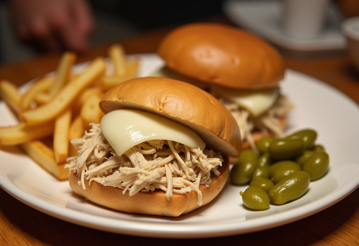 Mississippi Chicken sandwich with provolone cheese and pepperoncini peppers, ready to eat.