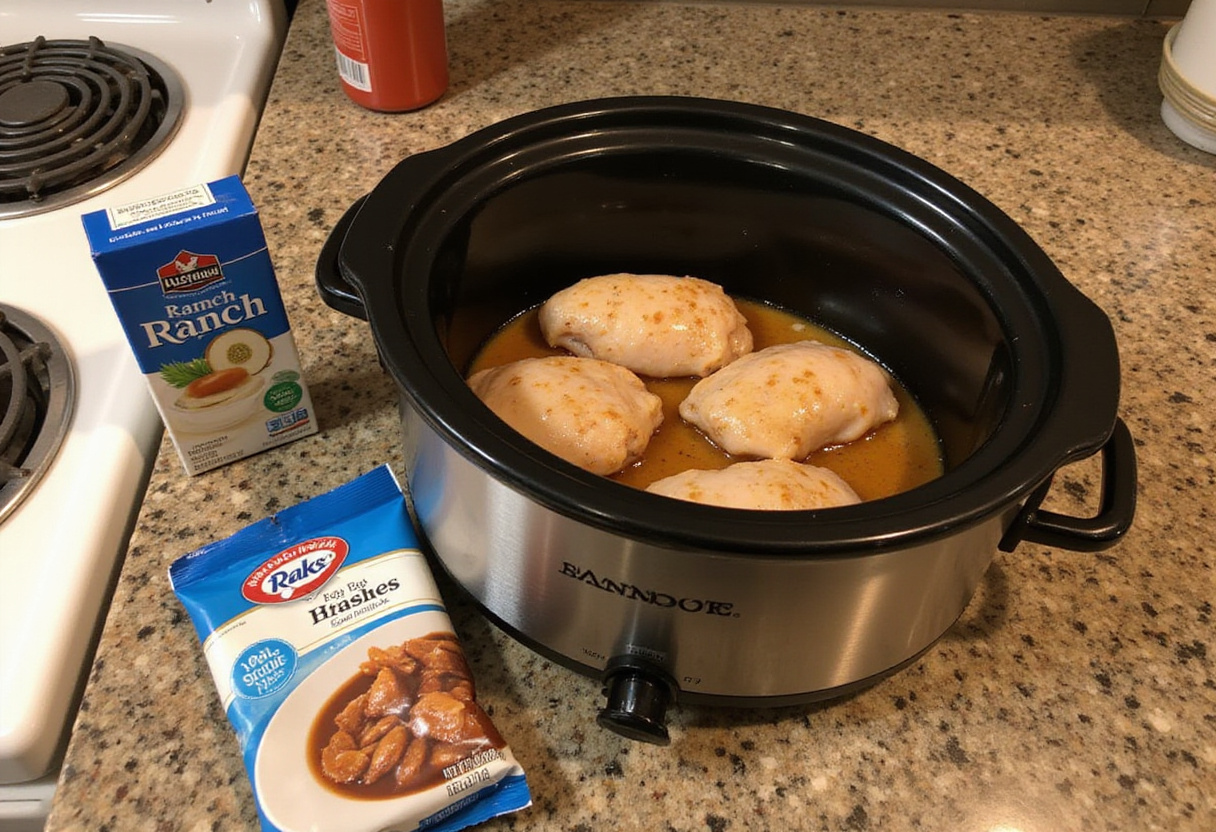 Chicken breasts in slow cooker with ranch dressing mix and au jus gravy mix for Mississippi Chicken.