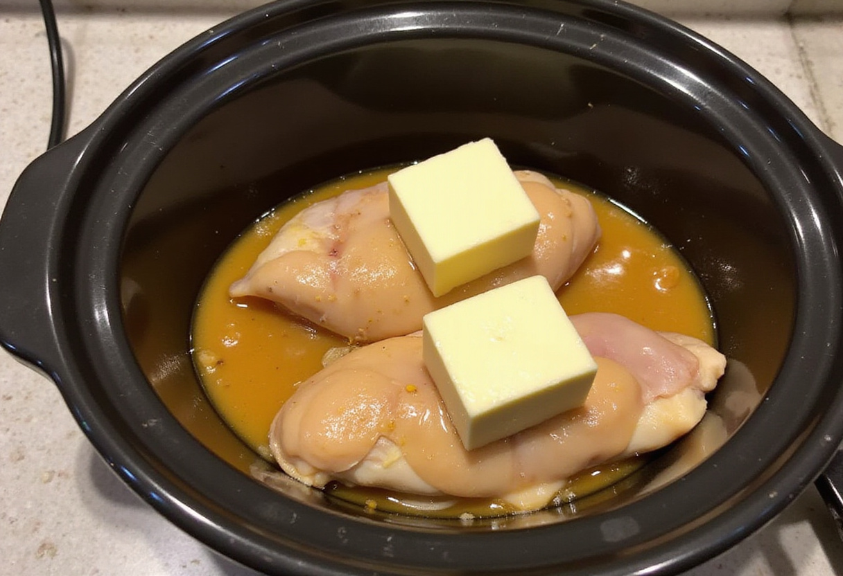 Butter being added to chicken breasts with dressing and gravy mix in slow cooker for Mississippi Chicken.