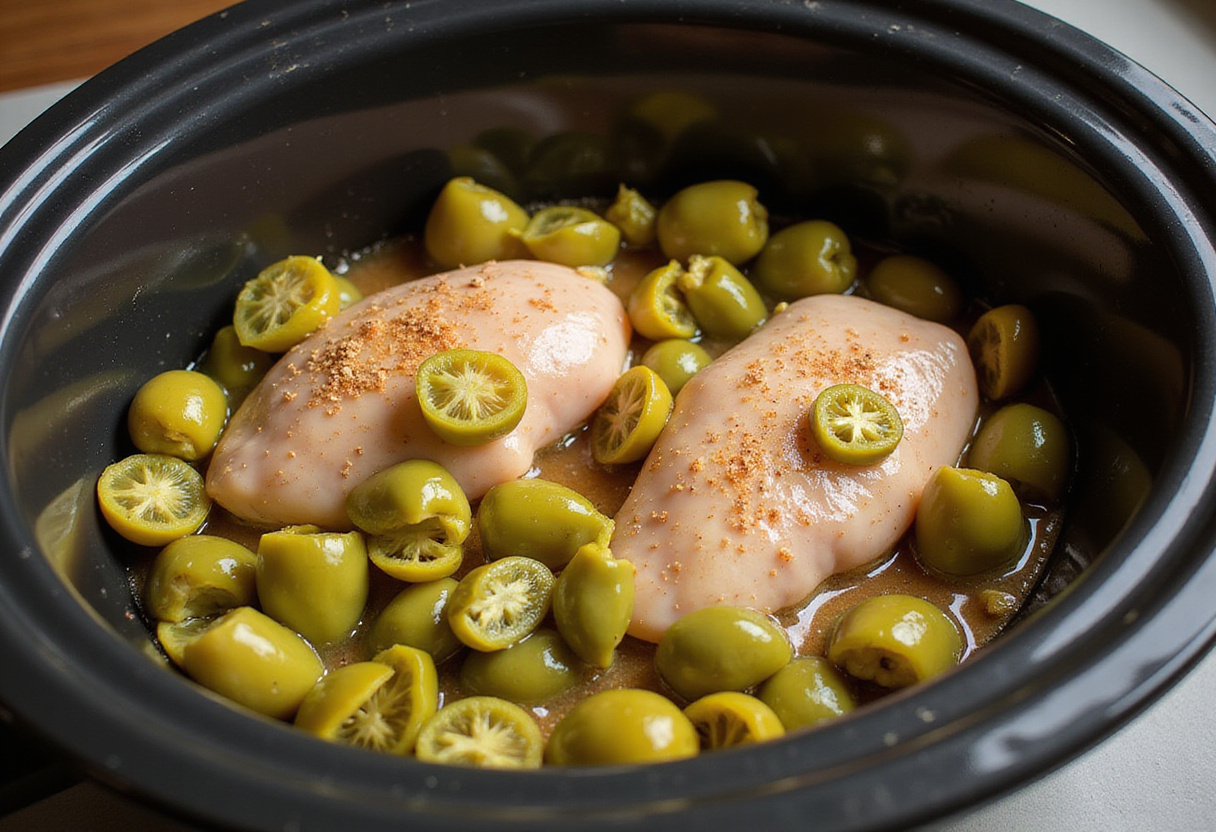 Pepperoncini peppers arranged with chicken breasts and other ingredients in slow cooker for Mississippi Chicken recipe.