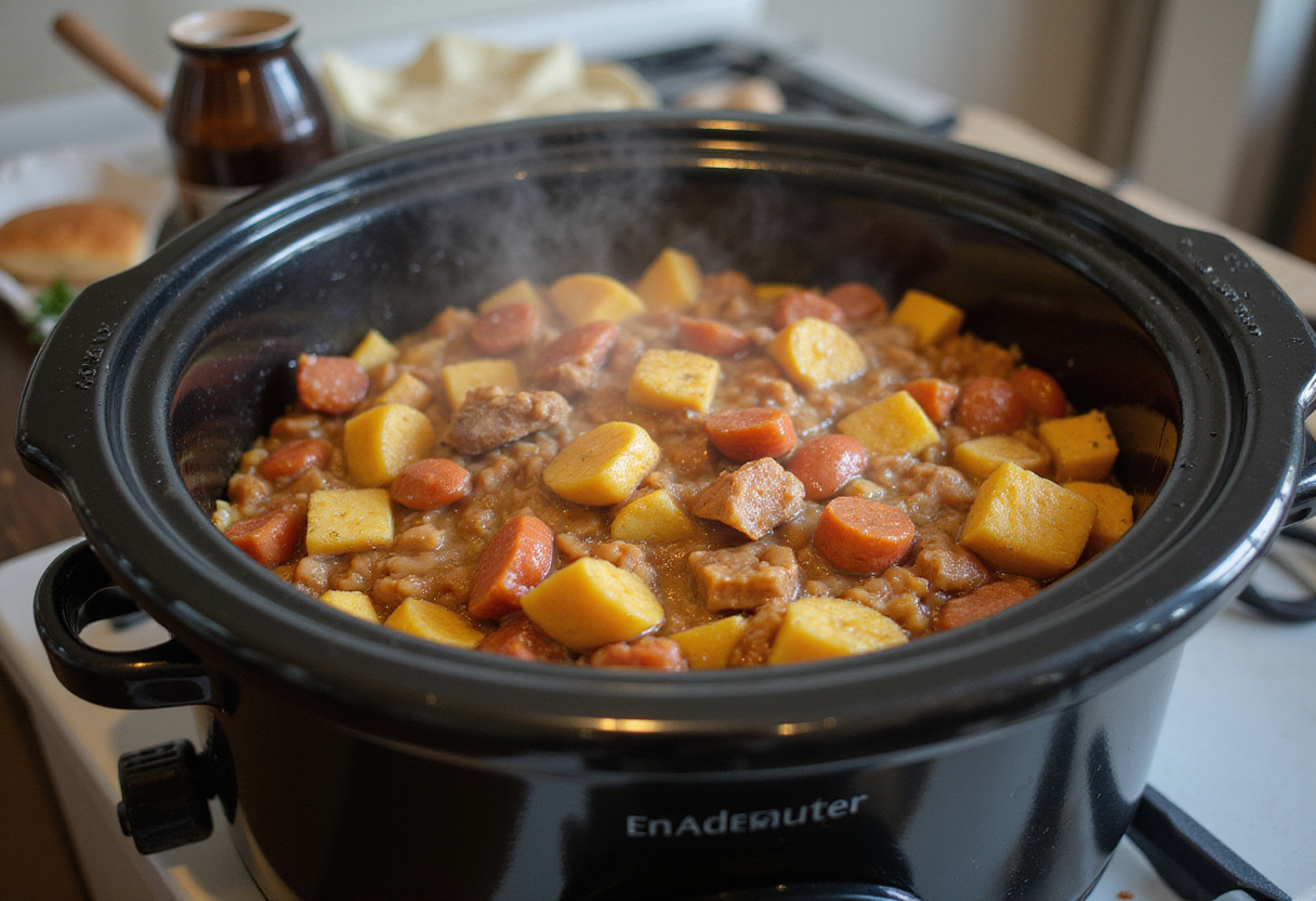 Mississippi Chicken cooking in a slow cooker with steam rising.