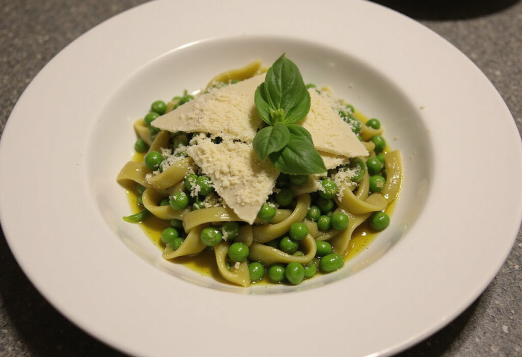 Bowl of delicious pasta and peas with Parmesan cheese and basil.