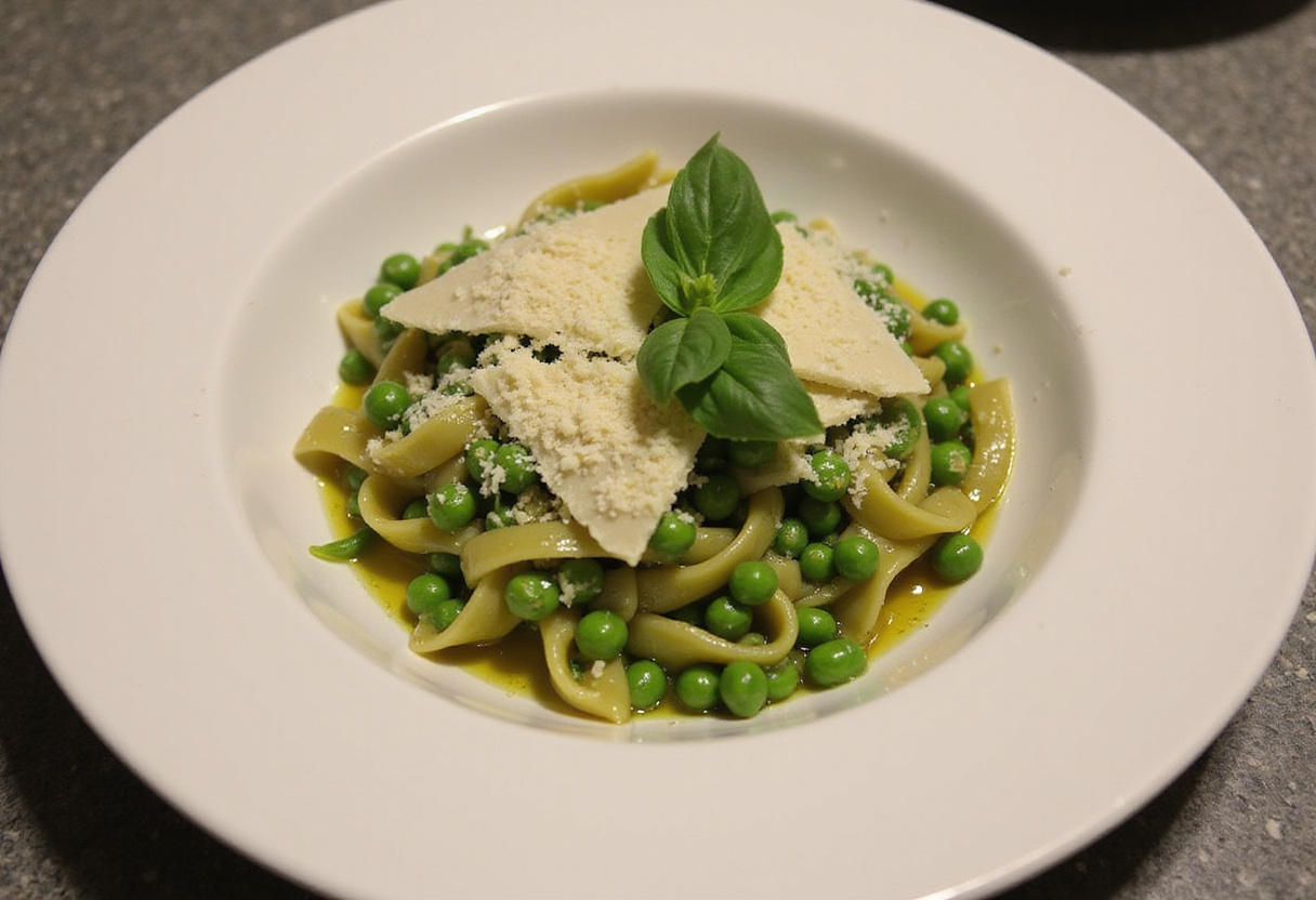 Bowl of delicious pasta and peas with Parmesan cheese and basil.