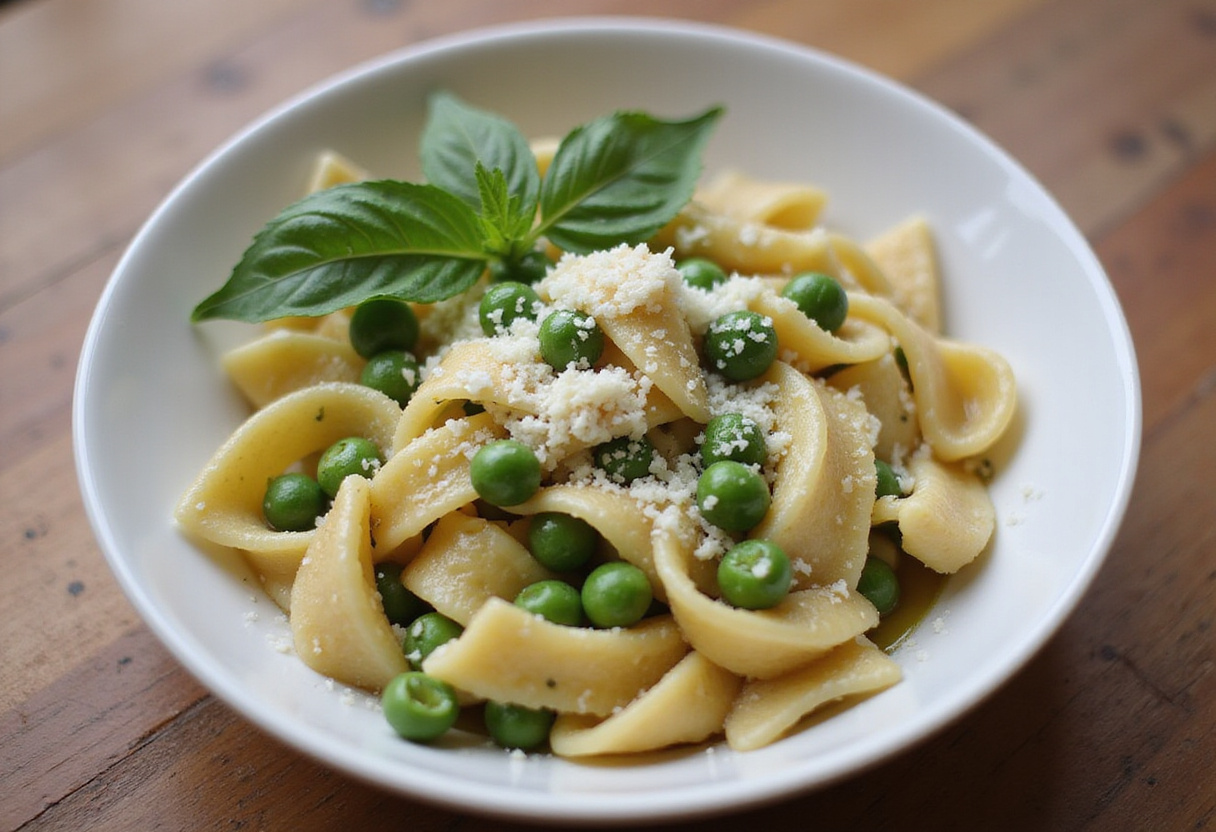 Bowl of delicious pasta and peas with Parmesan cheese and basil.