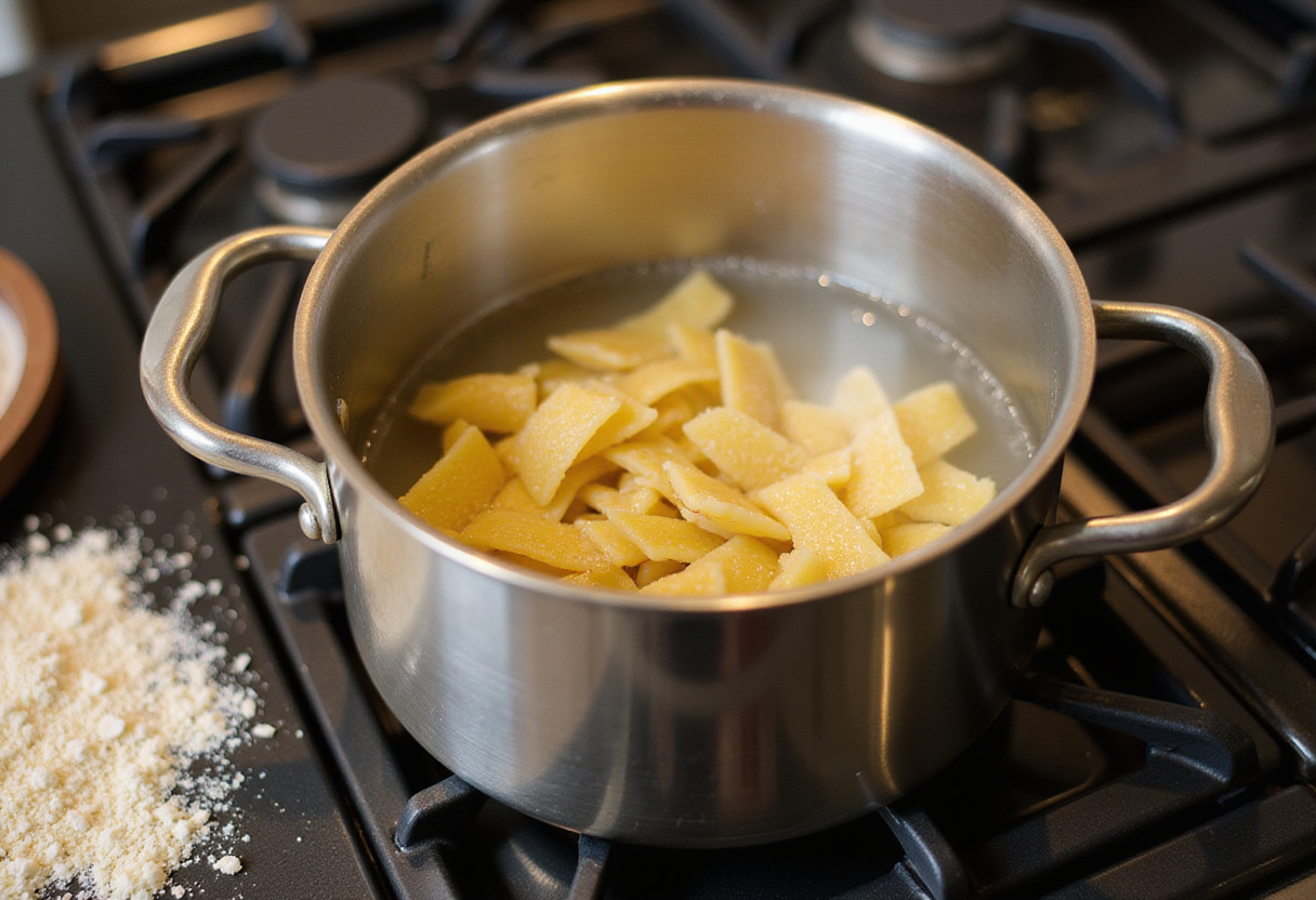 Water boiling in a pot to cook pasta and peas.