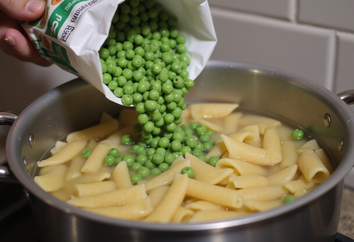 Frozen peas added to pasta cooking in boiling water.