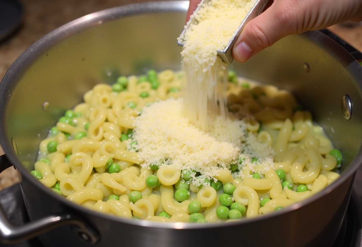 Parmesan cheese being stirred into pasta and peas for a creamy sauce.