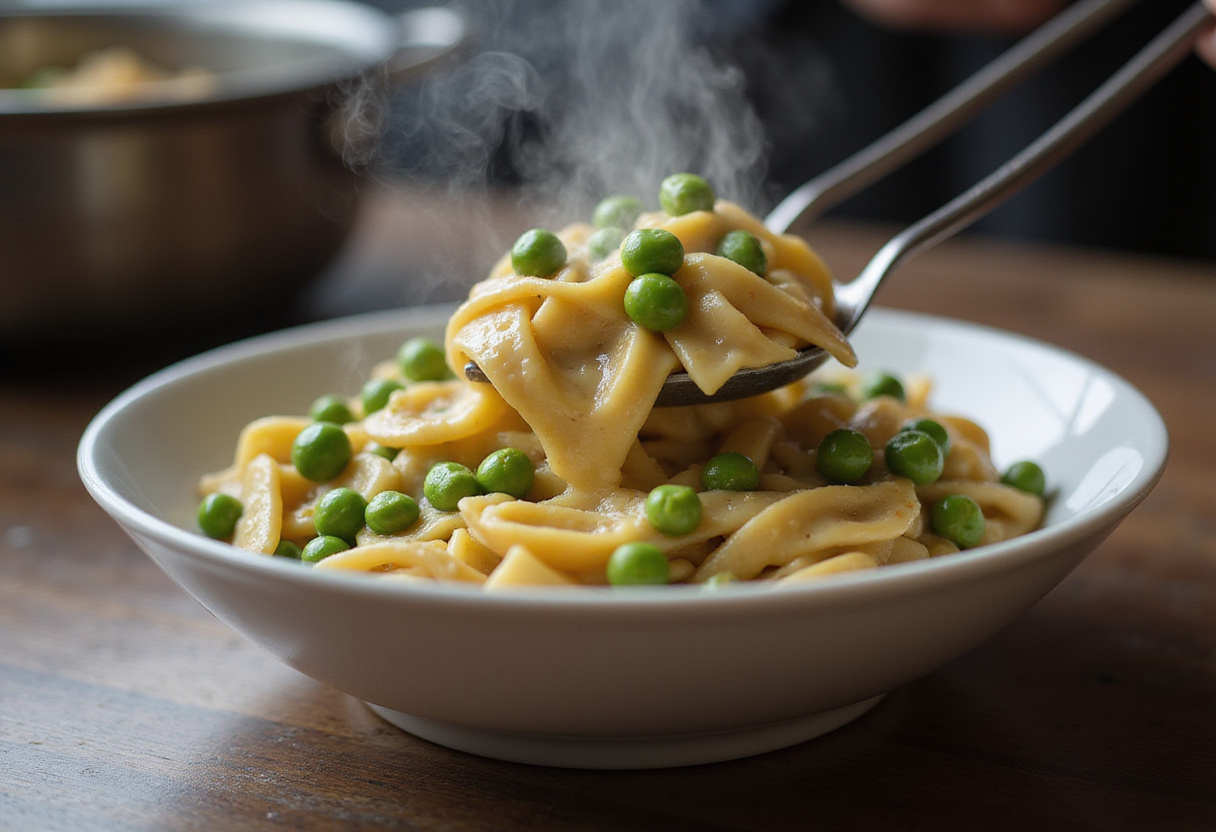 Serving pasta and peas into a bowl.