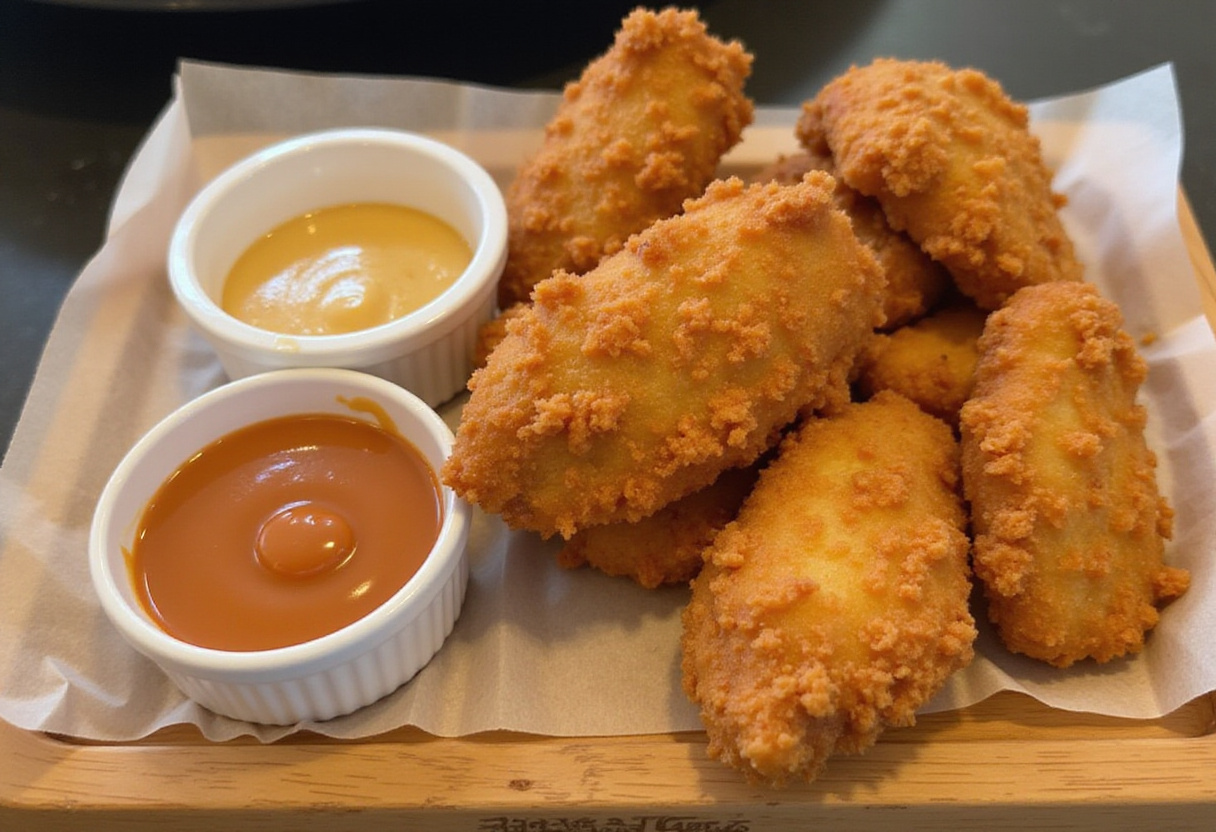 Homemade Raising Cane's sauce with crispy chicken tenders, perfect for dipping.
