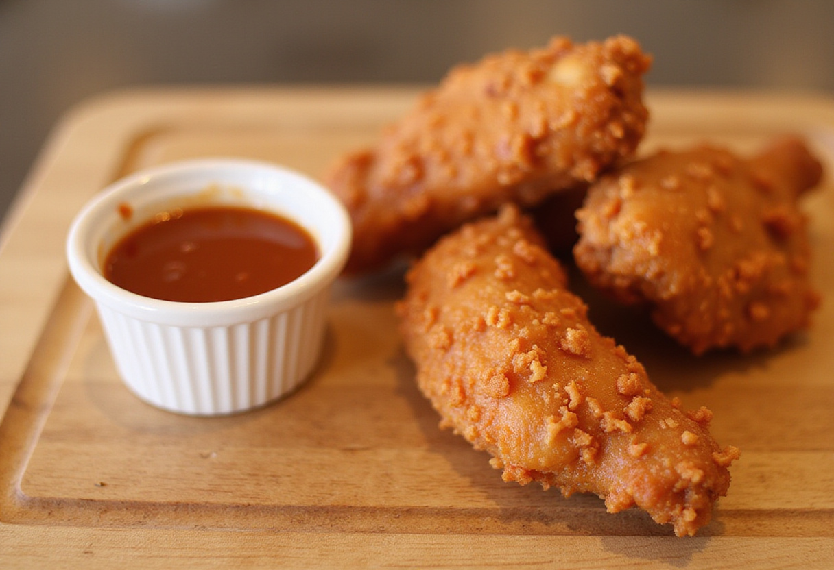 Homemade Raising Cane's sauce with crispy chicken tenders, perfect for dipping.