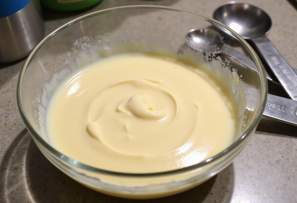Mayonnaise in a glass bowl, first step in making Raising Cane's sauce.