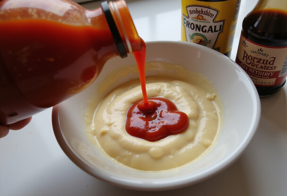 Ketchup being added to mayonnaise for a homemade Raising Cane's sauce recipe.