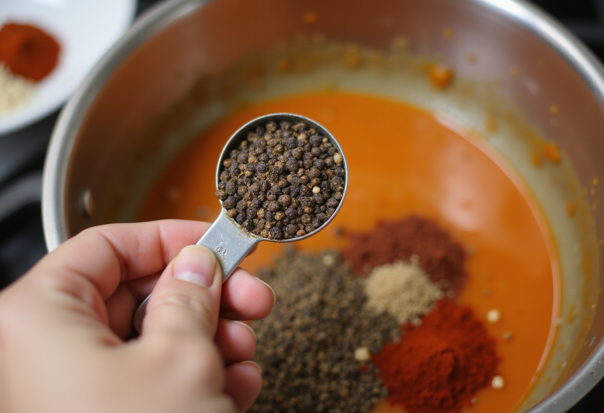 Measuring black pepper for the spices in a Raising Cane's dipping sauce.