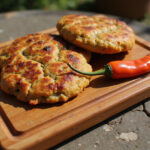Freshly baked Jamaican beef patties on a wooden cutting board.