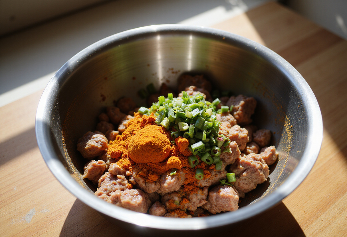 Seasoning ground beef with Jamaican spices for beef patties.
