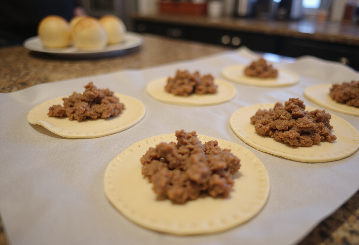 Filling pastry dough circles with seasoned beef for making Jamaican beef patties.