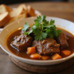 Delicious bowl of beef stew with parsley and bread, showcasing a recipe with beef broth.
