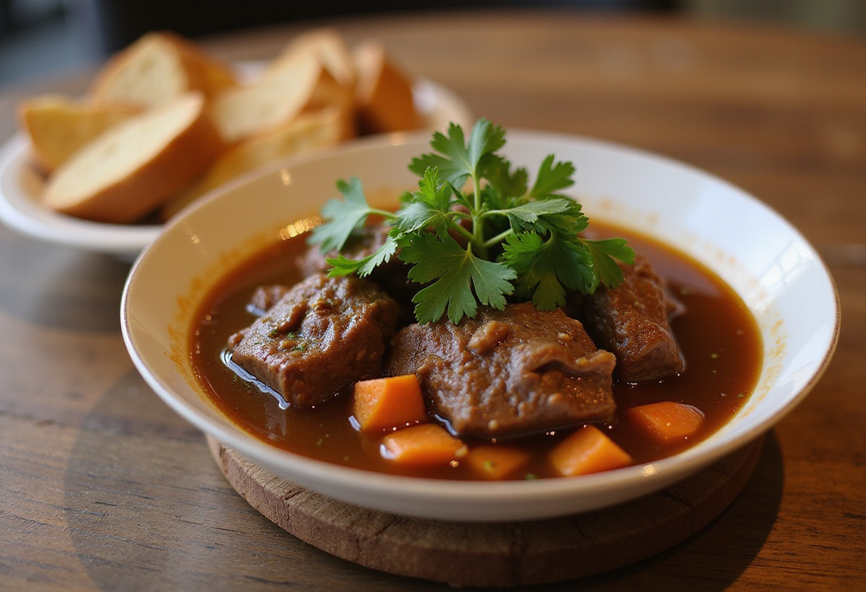 Delicious bowl of beef stew with parsley and bread, showcasing a recipe with beef broth.