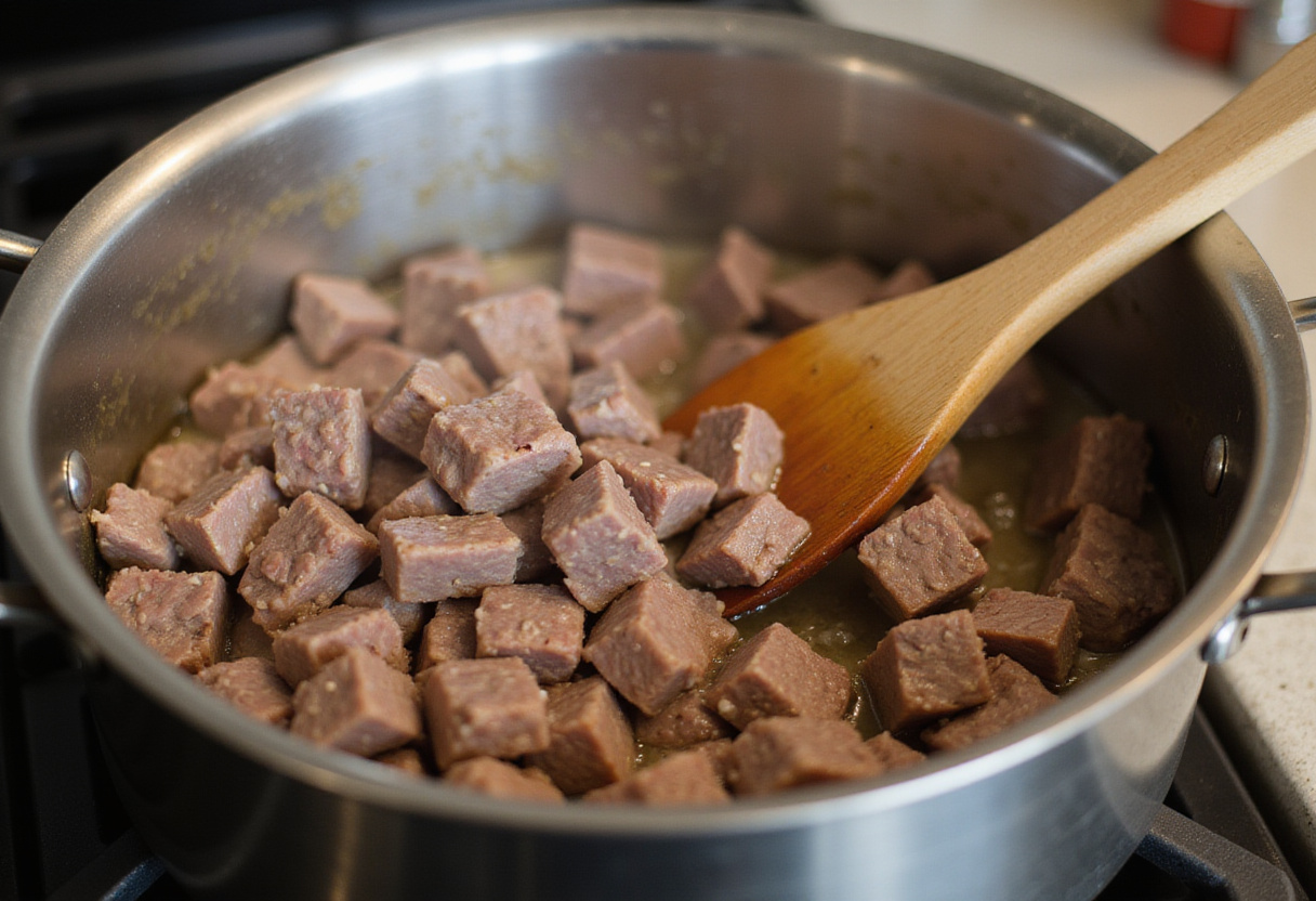 Browning beef chuck in a pot to start a beef broth-based recipe.