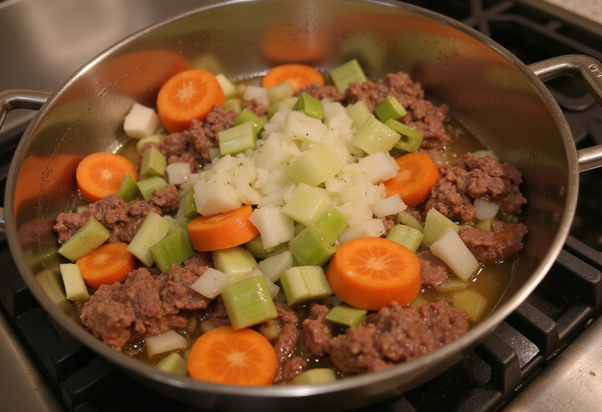 Adding vegetables to browned beef for a beef broth recipe.