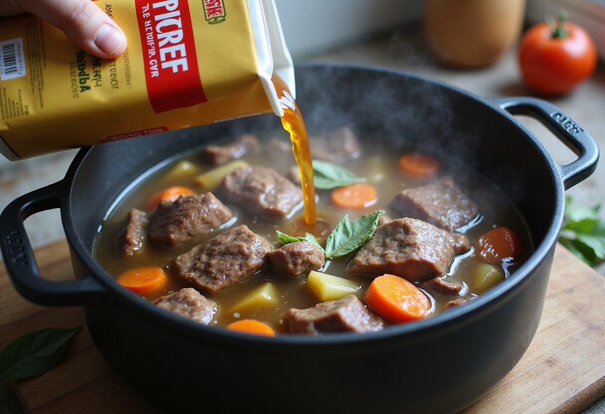 Pouring beef broth into a pot with beef and vegetables for creating a flavorful dish.