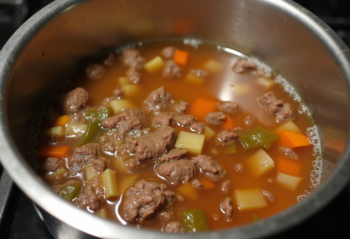 Beef and vegetable mixture simmering in beef broth on the stove.