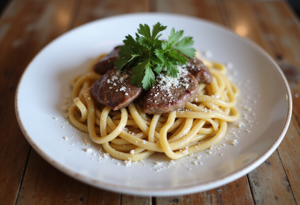 Finished steak pasta dish with parsley and Parmesan cheese.