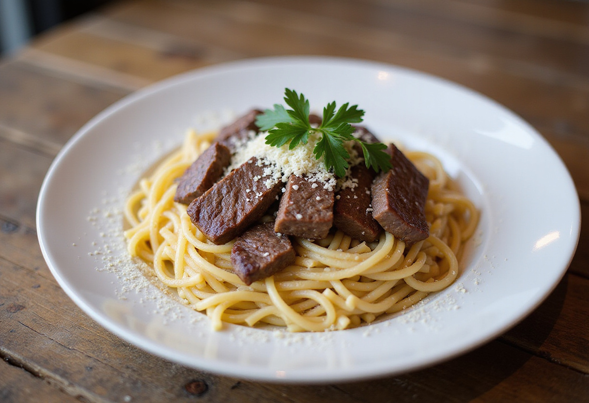 Finished steak pasta dish with parsley and Parmesan cheese.