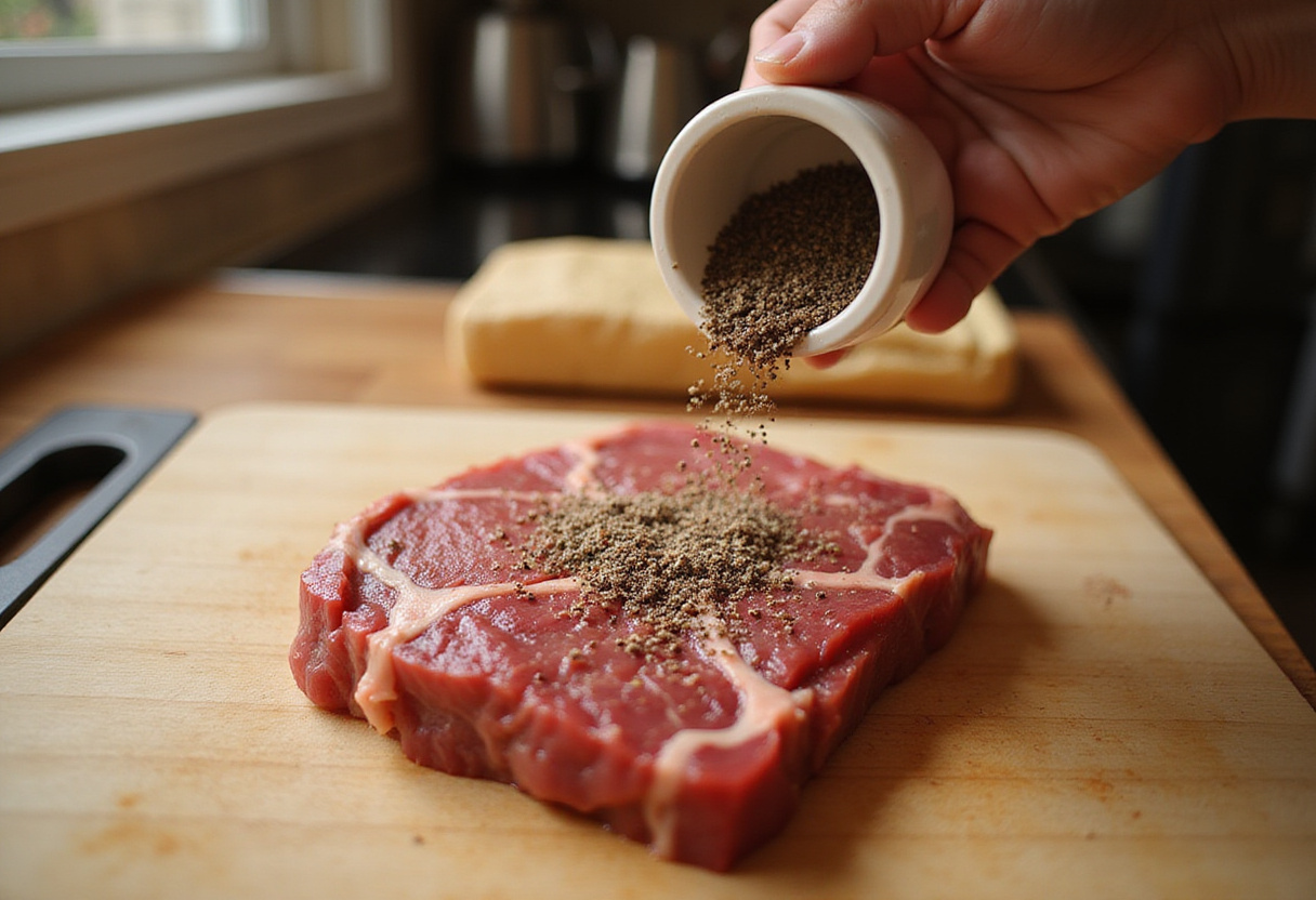 Raw steak seasoned with salt and pepper for steak pasta recipe.