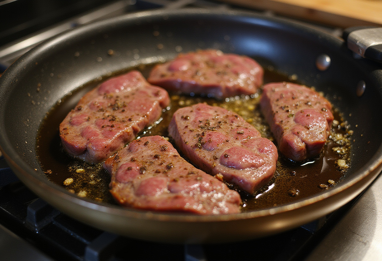 Searing steak in a pan for steak pasta.