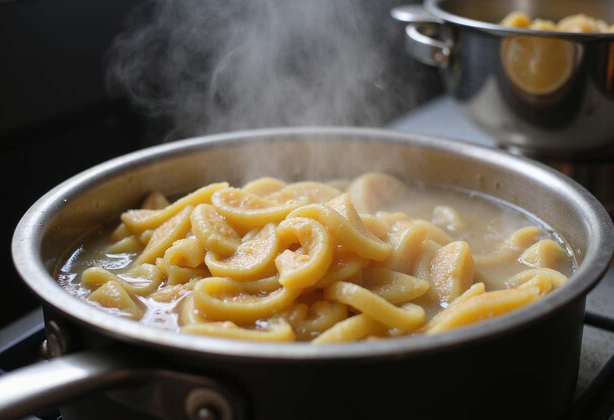 Pasta boiling in a pot for steak pasta recipe.