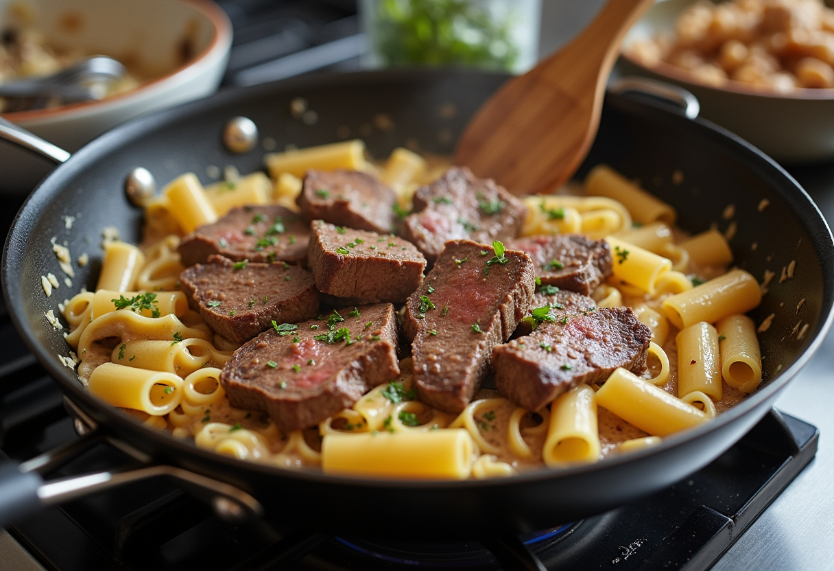 Combining steak slices and pasta with creamy mushroom sauce.