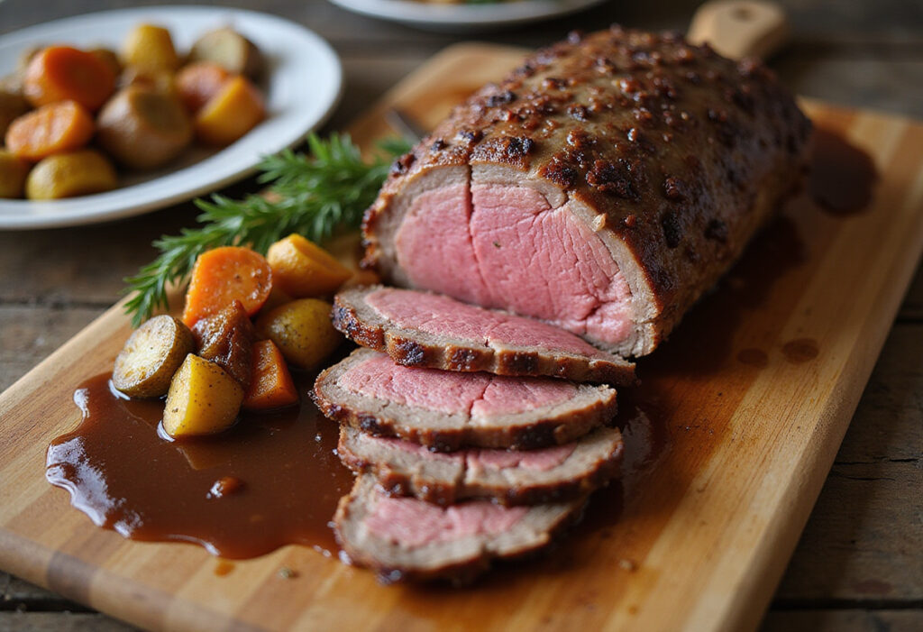 Perfectly cooked and sliced top round roast recipe served with vegetables and gravy.