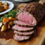 Perfectly cooked and sliced top round roast recipe served with vegetables and gravy.