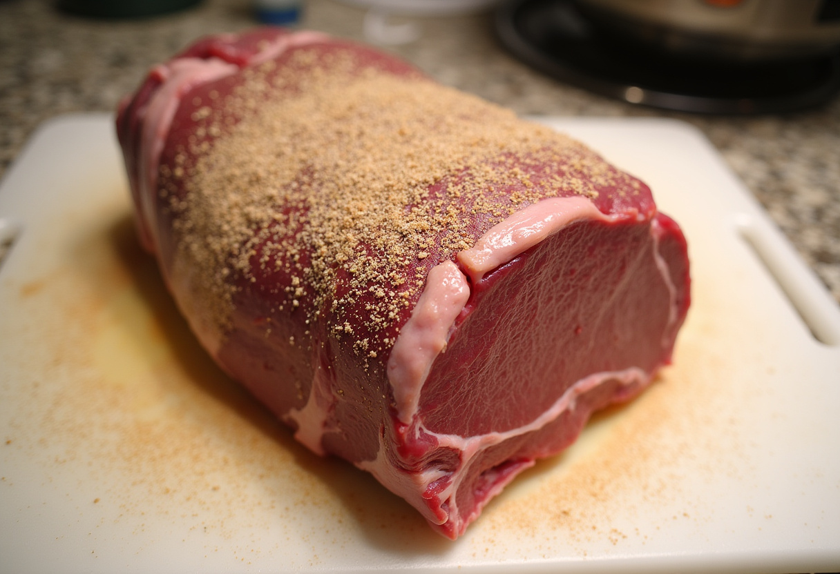 Seasoned top round roast ready to cook for an easy roast beef recipe.