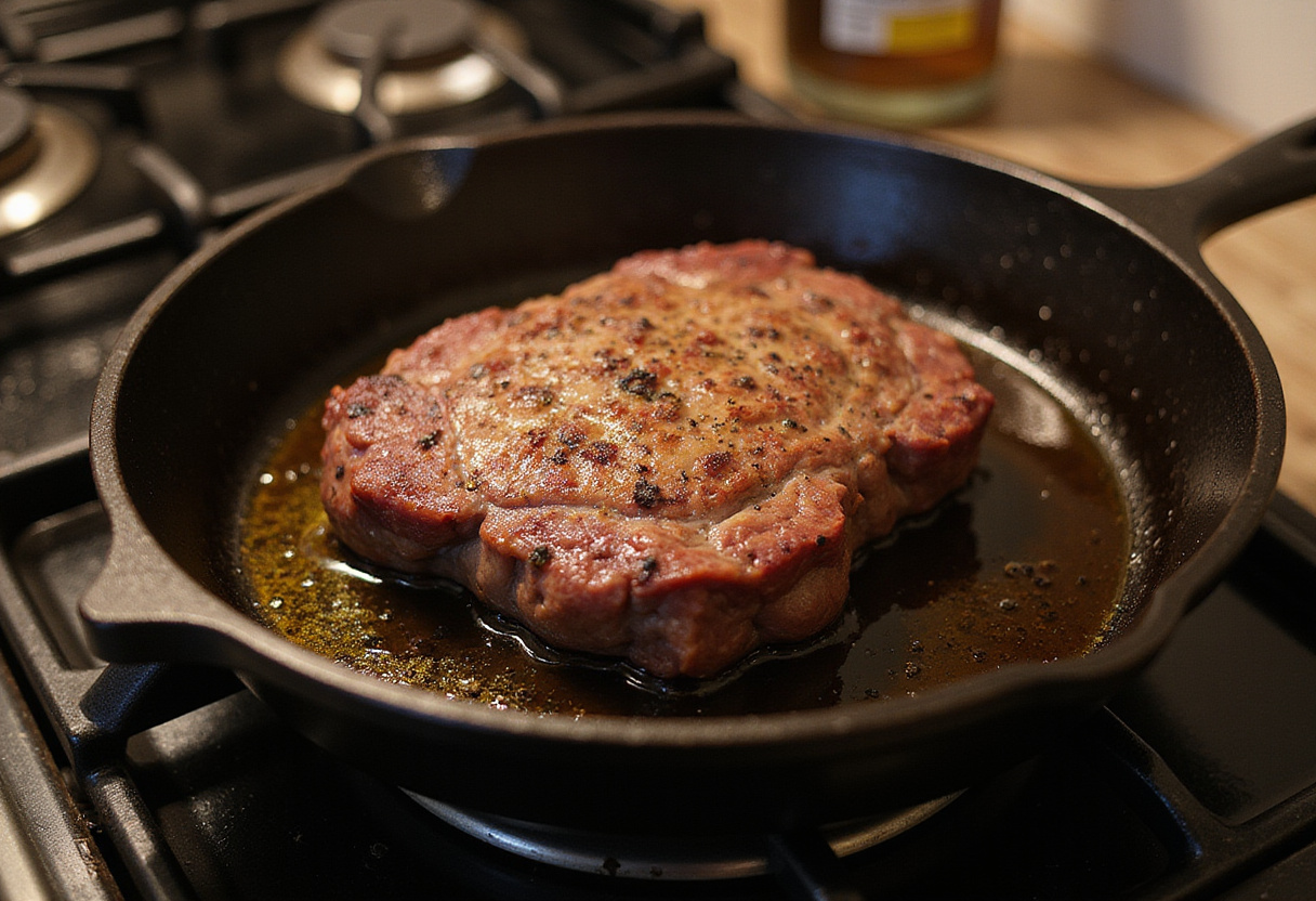 Cast iron skillet heating with olive oil for searing top round roast.