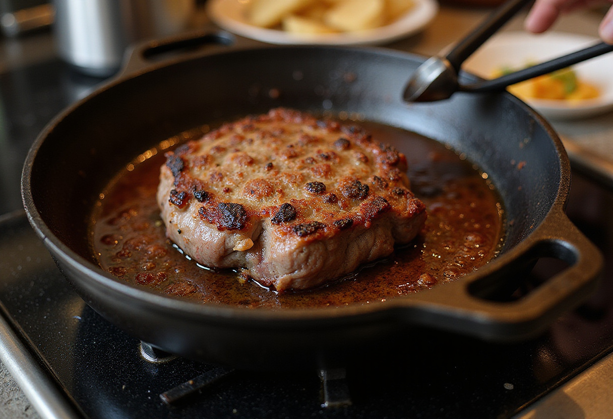 Top round roast searing in skillet to create a flavorful crust.