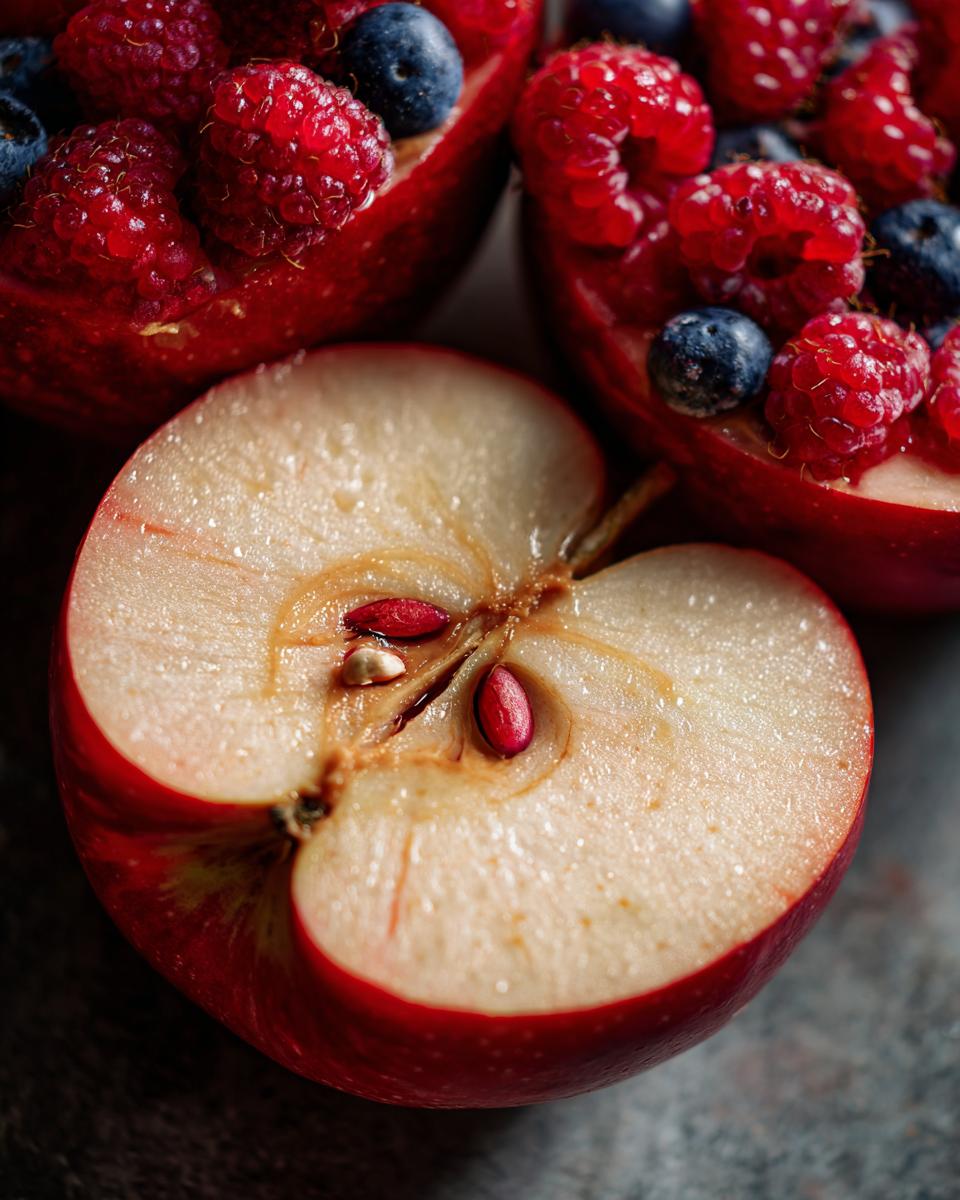 Close-up of an apple half filled with raspberries and blueberries, a healthy snack ideas.