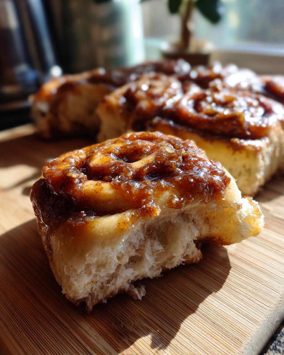 Close-up of a partially eaten apple butter cinnamon roll on a wooden board, showcasing its soft texture and glaze.