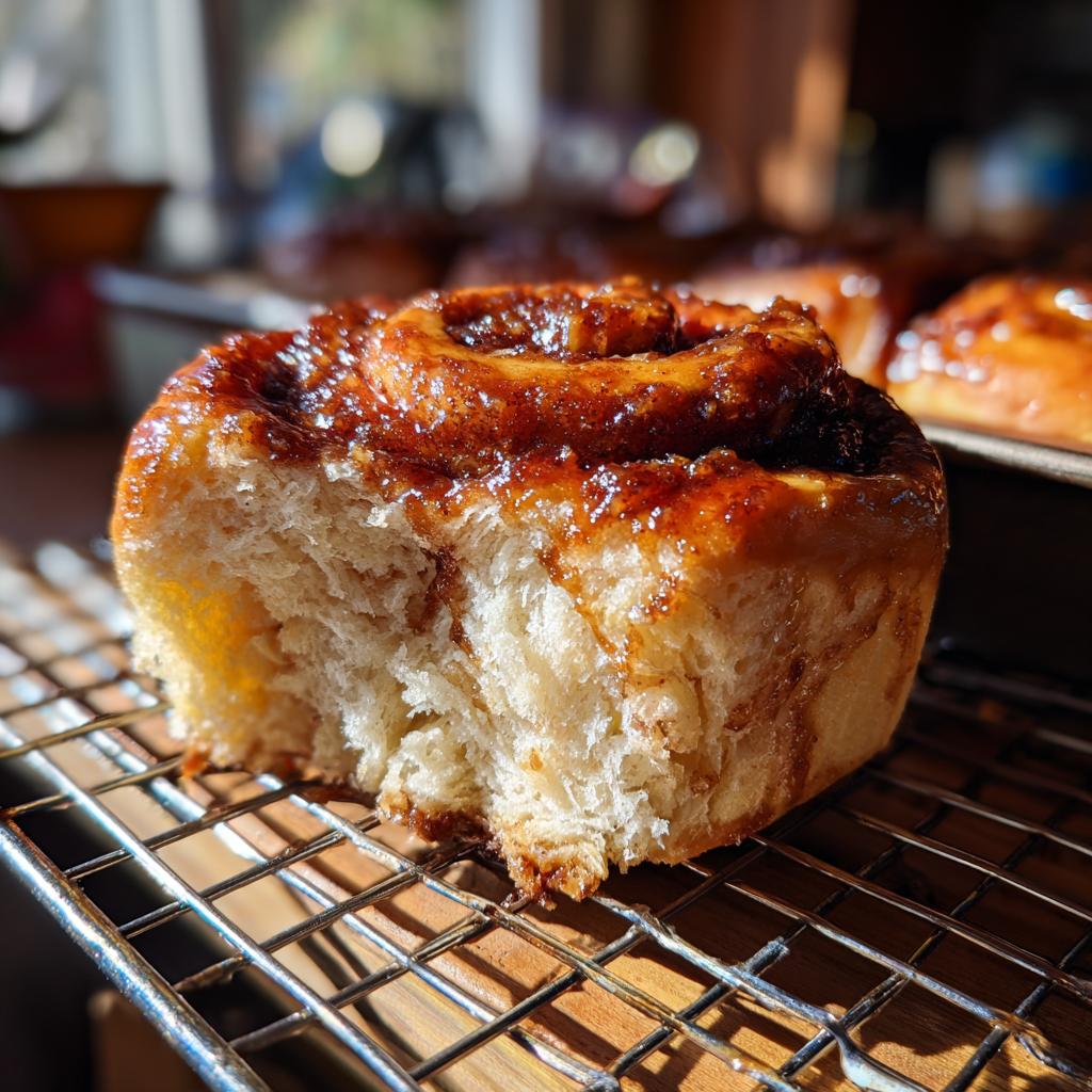 Close-up of a freshly baked apple butter cinnamon roll on a wire rack, showing its soft texture and glaze.