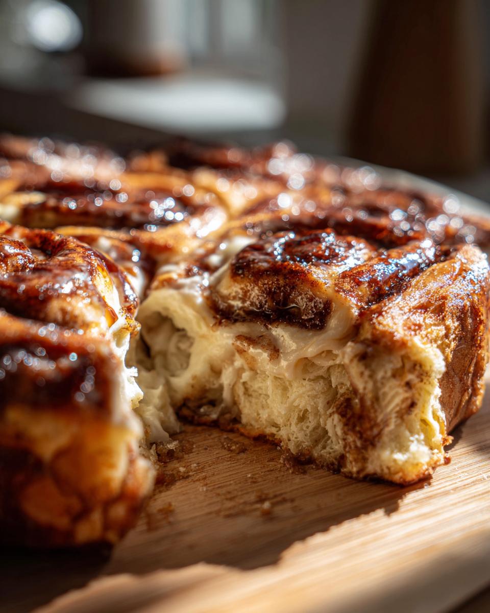 Close-up of freshly baked apple butter cinnamon rolls with a rich glaze and creamy filling.