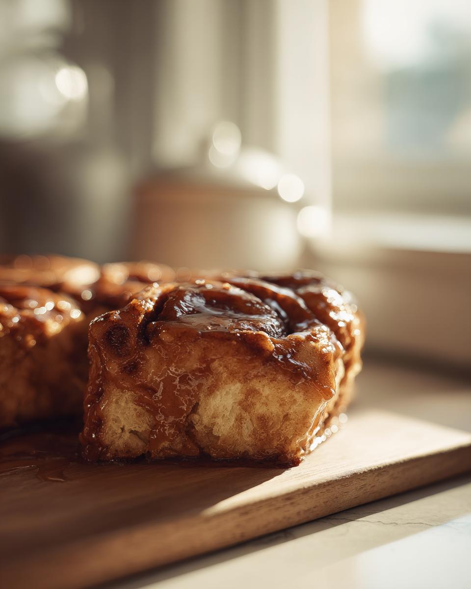 A close-up of glazed apple butter cinnamon rolls on a wooden board, showcasing their texture and rich color.
