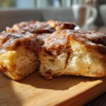 Close-up of glazed apple butter cinnamon rolls on a wooden board, showcasing their soft texture and delicious filling.