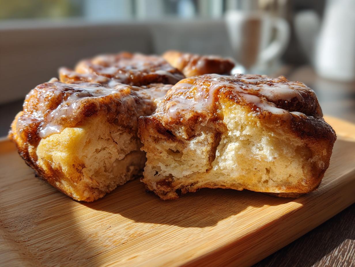 Close-up of glazed apple butter cinnamon rolls on a wooden board, showcasing their soft texture and delicious filling.