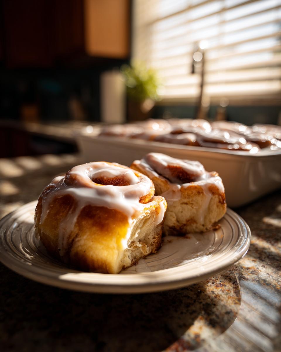 Two iced apple butter cinnamon rolls on a plate, with a pan of rolls in the background.