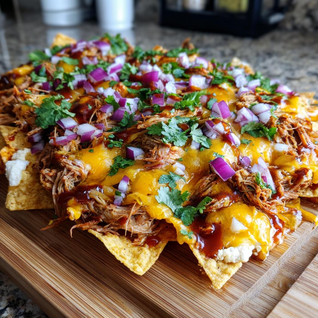 Close-up of Apple Cider BBQ Pulled Pork Nachos with cheese, red onion, cilantro, and BBQ sauce.