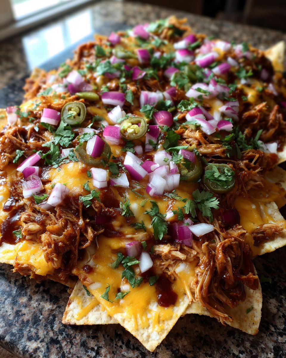 Delicious Apple Cider BBQ Pulled Pork Nachos piled high with toppings like red onion, jalapenos, and cilantro.