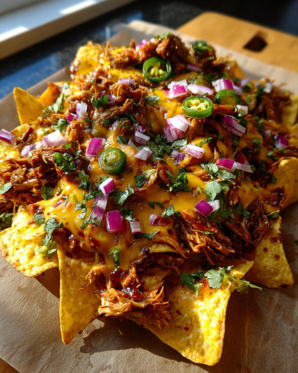 A platter of Apple Cider BBQ Pulled Pork Nachos with cheese, jalapenos, red onion, and cilantro.
