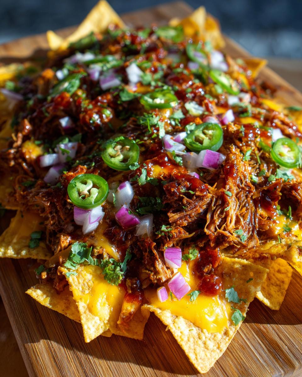 Loaded Apple Cider BBQ Pulled Pork Nachos on a wooden board with cheese, jalapenos, red onion, and cilantro.