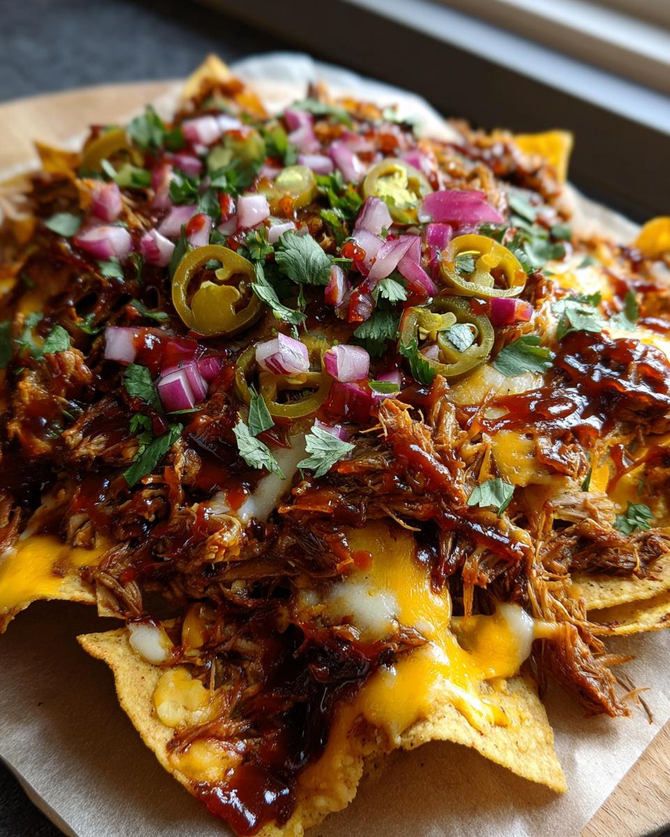Close-up of Apple Cider BBQ Pulled Pork Nachos with cheese, jalapenos, red onion, and cilantro.